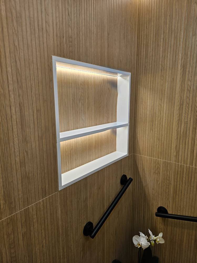 Illuminated shower niche with LED strip lighting — Barrington IL bathroom renovation