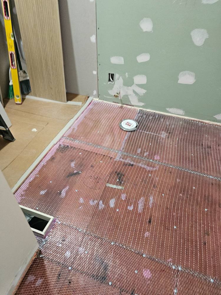 Shower pan and Noflo waterproof membrane — bathroom renovation Barrington