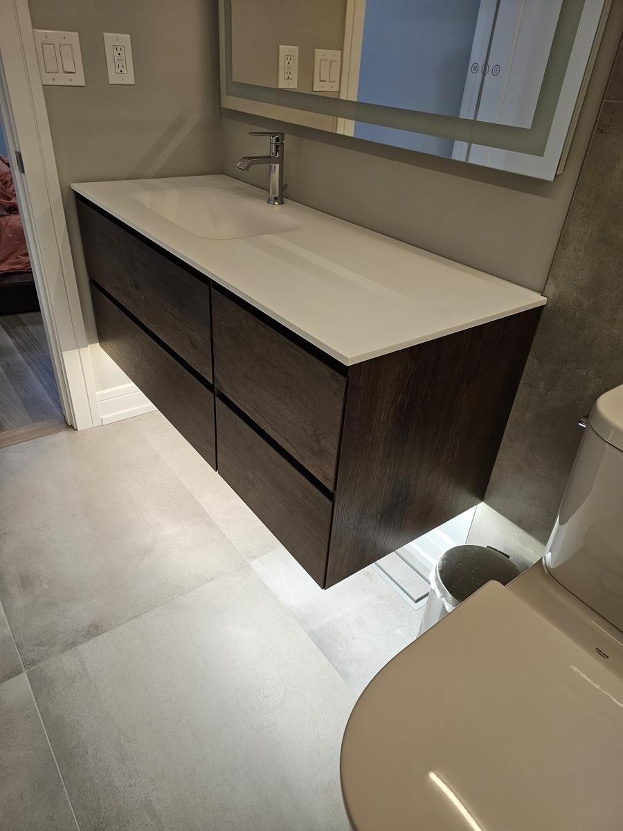 Bathroom vanity and curbless shower Lake Zurich IL — floating vanity with undermount sink and quartz countertop