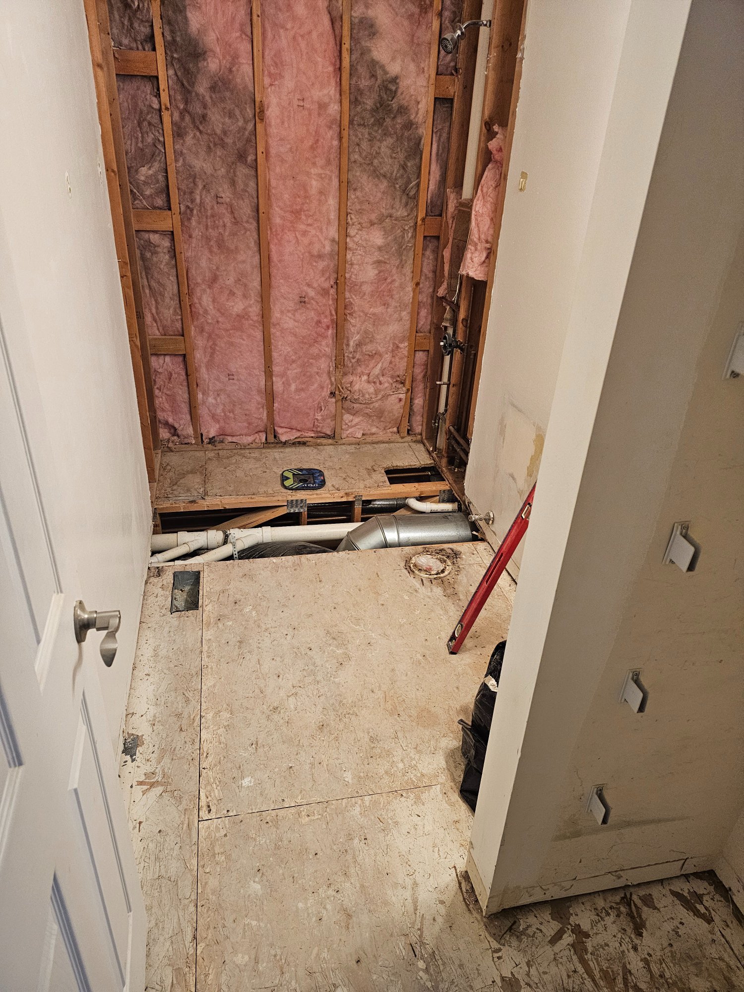 Demo and rough-in — exposed studs, plumbing rough-in, Schaumburg IL bathroom remodel