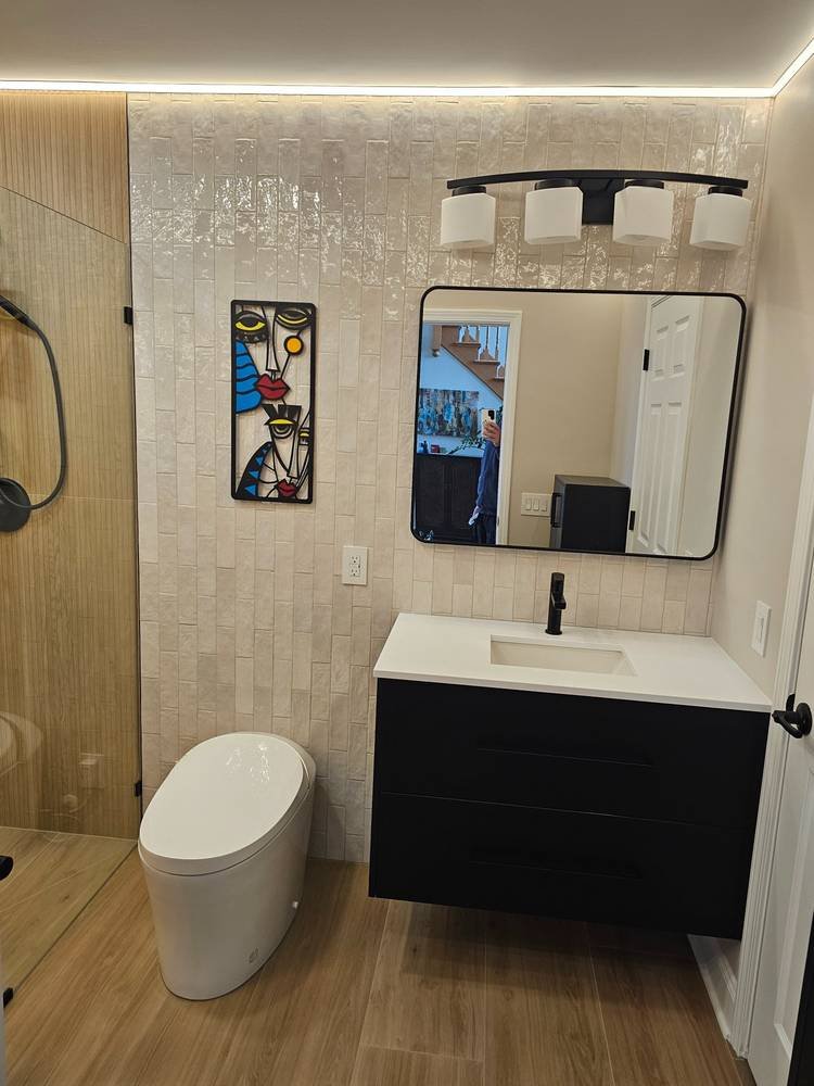 Finished bathroom with smart toilet, floating vanity and zellige tile — Barrington IL
