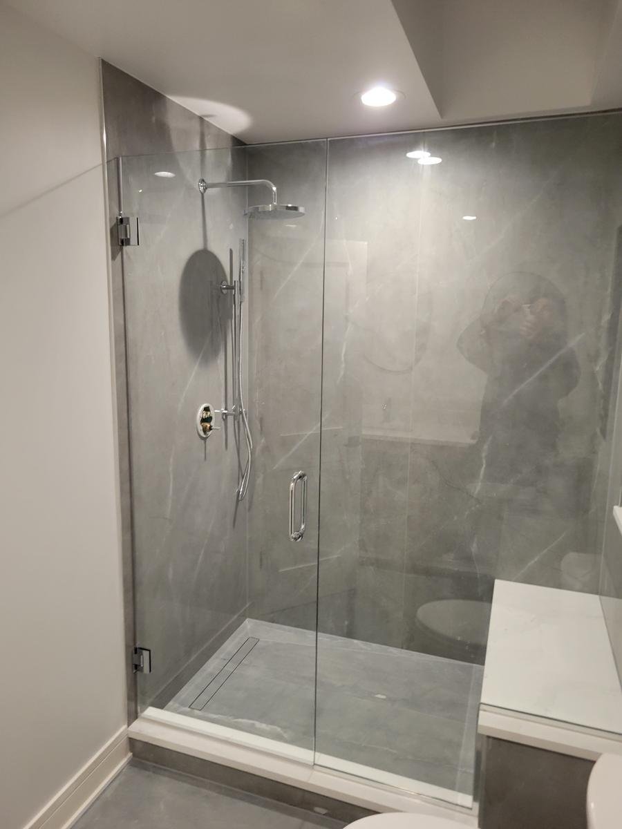 Porcelain tile shower South Barrington IL — walk-in shower with large-format tile and frameless glass