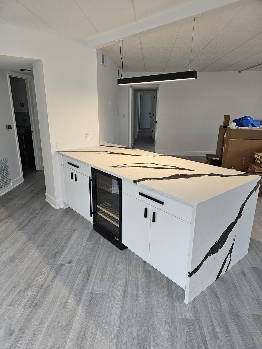 Kitchen countertop detail Buffalo Grove IL — quartz countertop with waterfall edge and undermount sink